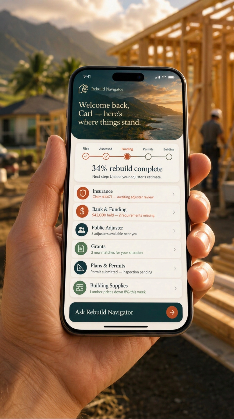 A hand holding a phone showing the Rebuild Navigator dashboard, with a coastline, palm trees, mountains, and a house under construction behind it